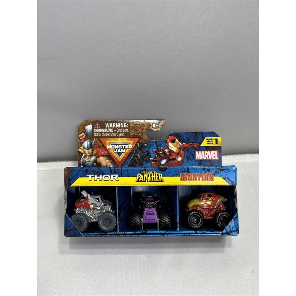 Monster Jam Mini Marvel 3 Pack Thor, Black Panther, Iron Man 2024 1:87 Scale